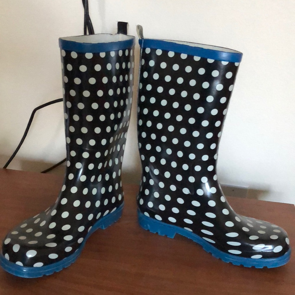 PolkaDotted Rain Boots with Blue Trim